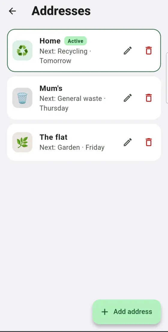BinMate Addresses screen showing three homes each with its next bin and colour.