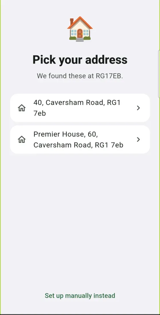 BinMate postcode entry and address pick during setup.
