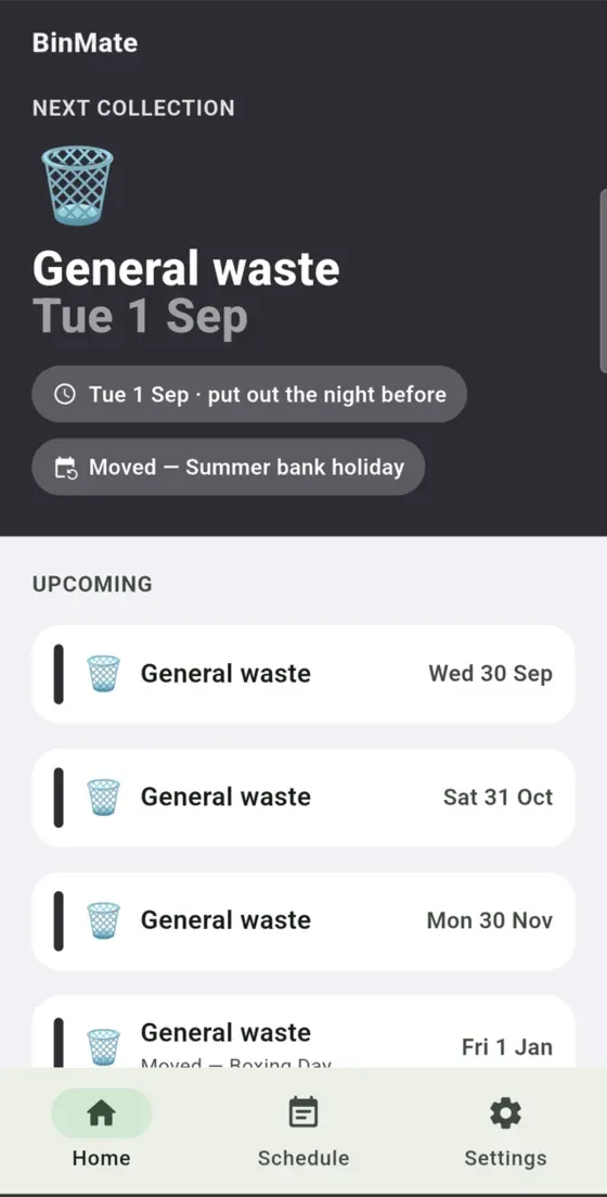 BinMate showing a collection moved to a later day because of a summer bank holiday.