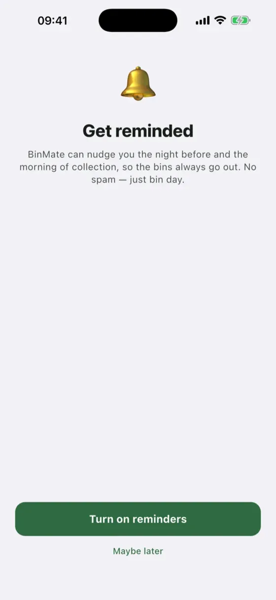 BinMate reminders opt-in screen.